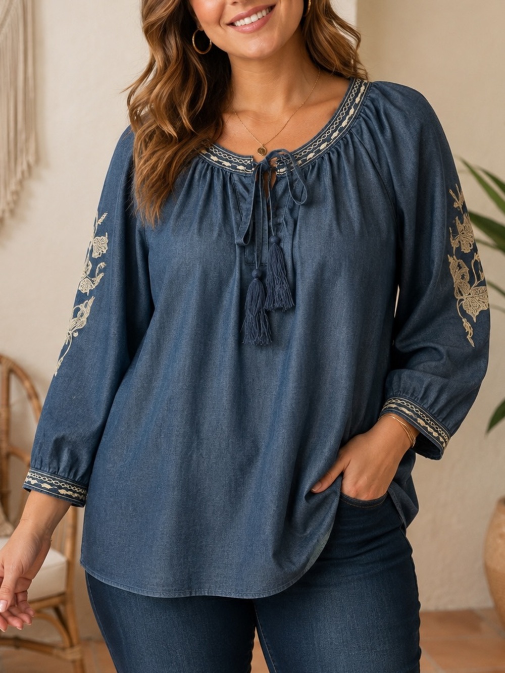Belle by Kim Gravel Women’s 2X Denim Embroidered Boho Peasant Tunic Top